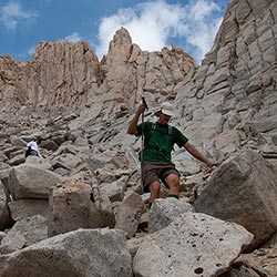 Descending talus on Mt. Russell's South Face