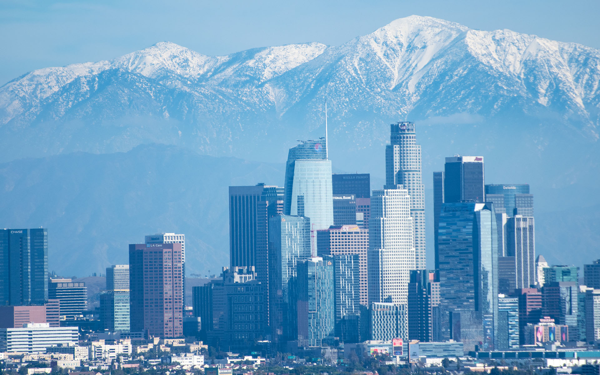Downtown Los Angeles and Snowy San Gabriel Mountains