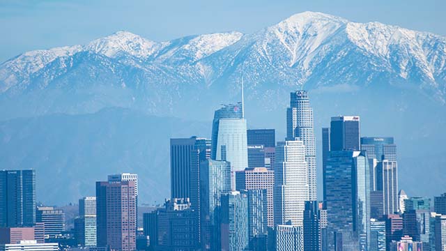 Downtown Los Angeles and Snowy San Gabriel Mountains