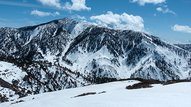 The complex avalanche terrain on Pine Mountain's north face