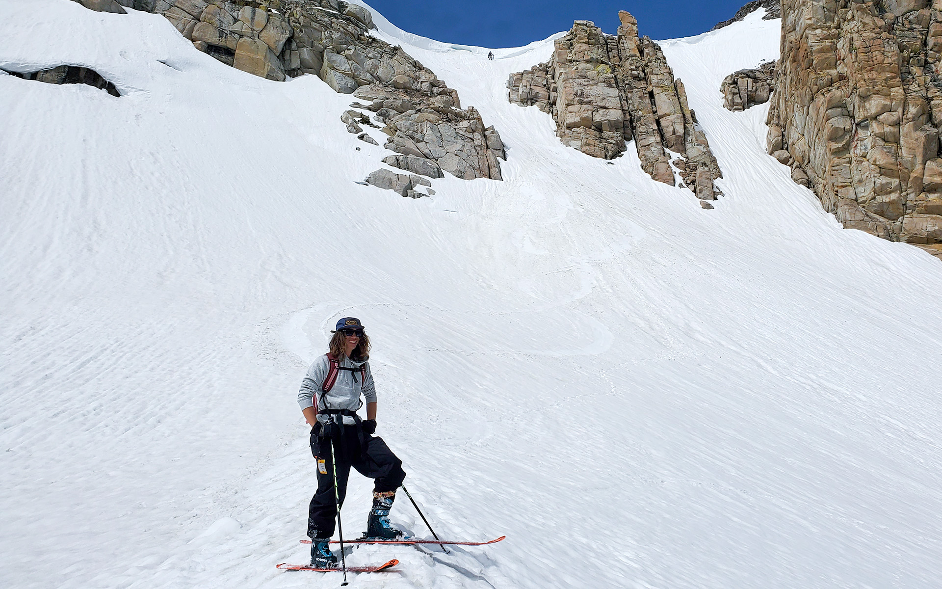 A big smile just after skiing Crystal Chute, Mammoth Lakes, California
