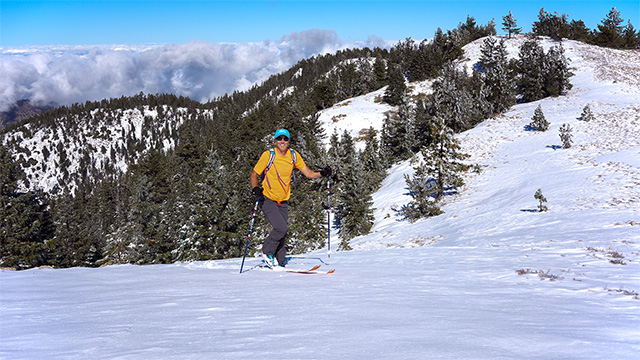 Ascending Mount Pinos on skis, Oct 15, 2025